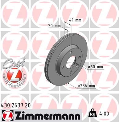 Тормозной диск ZIMMERMANN 430.2637.20 для OPEL KARL