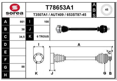EAI T78653A1 Полуось в сборе для AUDI A6 C5 Avant (4B5) 1.8 T quattro