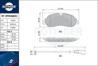 Zestaw klocków hamulcowych, hamulce tarczowe ROTINGER RT 2PD36821