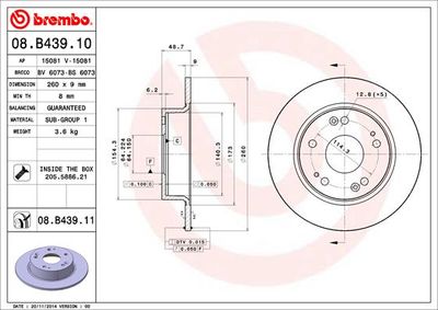 Тормозной диск BREMBO 08.B439.11 для ACURA TSX