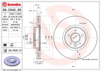 Тормозной диск BREMBO 09.C542.21 для VOLVO V50
