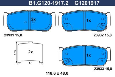 Комплект тормозных колодок, дисковый тормоз GALFER B1.G120-1917.2 для SSANGYONG RODIUS