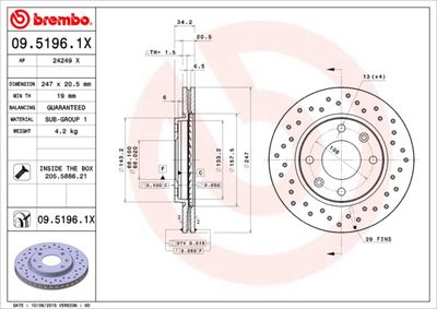 Тормозной диск BREMBO 09.5196.1X для LIFAN 520