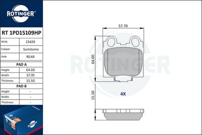 комплект спирачно феродо, дискови спирачки ROTINGER RT 1PD15109HP
