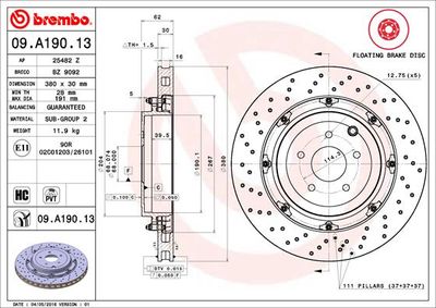 Тормозной диск BREMBO 09.A190.13 для NISSAN GT-R