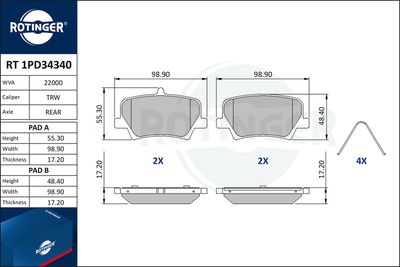 комплект спирачно феродо, дискови спирачки ROTINGER RT 1PD34340