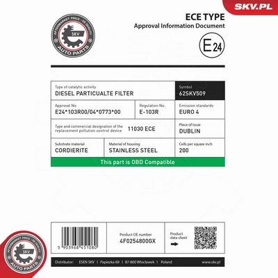 FILTRU FUNINGINE/PARTICULE SIST.DE ESAPAMENT ESEN SKV 62SKV509 5