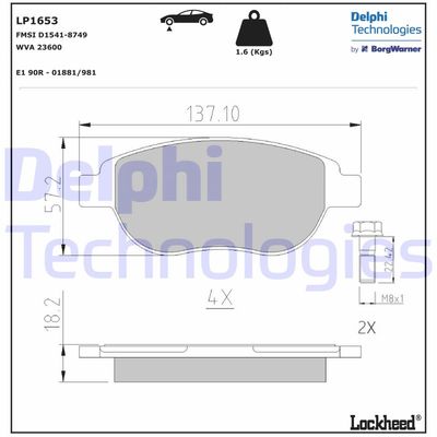 DELPHI LP1653 Тормозные колодки и сигнализаторы  для FIAT DOBLO (Фиат Добло)