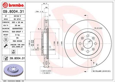 Тормозной диск BREMBO 09.8004.31 для ABARTH PUNTO