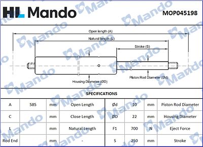 Sprężyna gazowa, pokrywa bagażnika MANDO MOP045198
