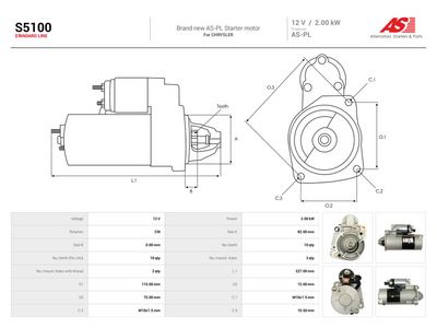 Startmotor AS-PL S5100 för CHRYSLER, MITSUBISHI
