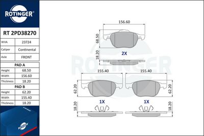 комплект спирачно феродо, дискови спирачки ROTINGER RT 2PD38270