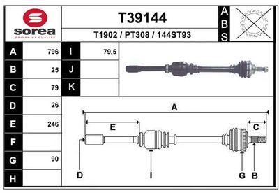 EAI T39144 Полуось в сборе  для PEUGEOT 206 Наклонная задняя часть (2A/C) 1.6 16V