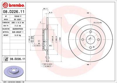 Тормозной диск BREMBO 08.D226.11 для FIAT 124