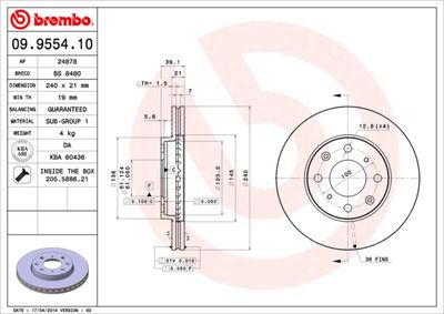 Тормозной диск BREMBO 09.9554.10 для HONDA LOGO