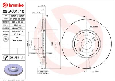BREMBO 09.A601.11 Тормозные диски  для HYUNDAI  (Хендай Иx55)