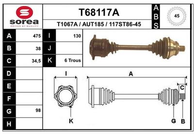 Приводной вал EAI T68117A для AUDI CABRIOLET