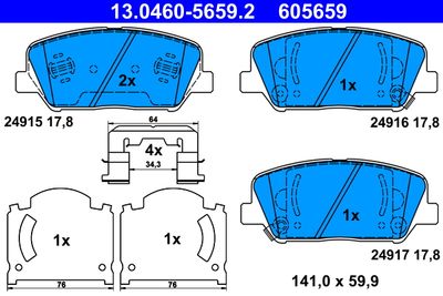 Комплект тормозных колодок, дисковый тормоз ATE 13.0460-5659.2 для KIA OPTIMA