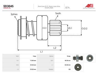 Frihjulsväxel, startmotor AS-PL SD3045