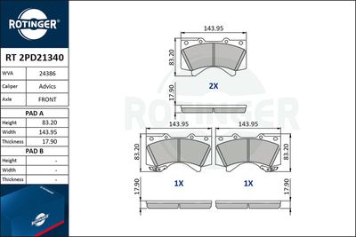 Комплект тормозных колодок, дисковый тормоз ROTINGER RT 2PD21340 для LEXUS LX