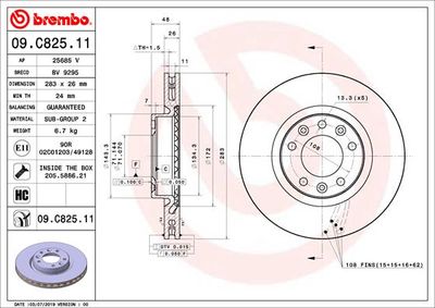 BREMBO 09.C825.11 Тормозные диски  для PEUGEOT PARTNER (Пежо Партнер)