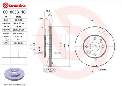 Тормозной диск BREMBO 09.8656.10 для KIA SHUMA