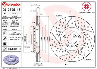 Тормозной диск BREMBO 09.C395.13 для BMW 4