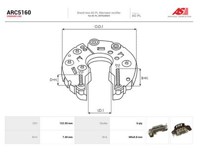 Likriktare, generator AS-PL ARC5160 för MITSUBISHI, SUBARU, MAZDA