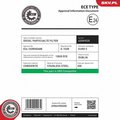 Filtr sazových částic, výfukový systém ESEN SKV 62SKV525