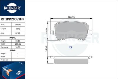 Zestaw klocków hamulcowych, hamulce tarczowe ROTINGER RT1PD20089HP