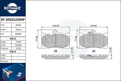 комплект спирачно феродо, дискови спирачки ROTINGER RT 2PD21229HP