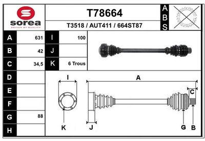 EAI T78664 Полуось в сборе для AUDI A4 B8 Avant (8K5) 3.2 FSI quattro EAI T78664 Полуось в сборе для AUDI A4 B8 Avant (8K5) 3.2 FSI quattro