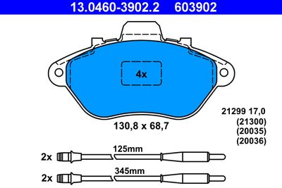 Комплект тормозных колодок, дисковый тормоз ATE 13.0460-3902.2 для PEUGEOT 605