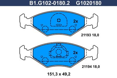 Комплект тормозных колодок, дисковый тормоз GALFER B1.G102-0180.2 для FIAT ELBA