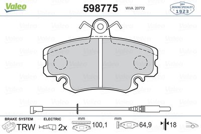 Комплект тормозных колодок, дисковый тормоз VALEO 598775 для RENAULT 19