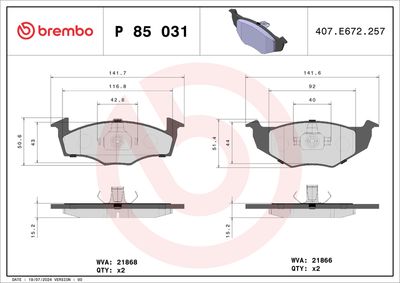 Sada brzdových destiček, kotoučová brzda BREMBO P 85 031