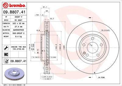 BREMBO 09.B807.41 Тормозные диски  для MERCEDES-BENZ A-CLASS (Мерседес А-класс)