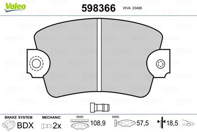 Комплект тормозных колодок, дисковый тормоз VALEO 598366 для RENAULT 20