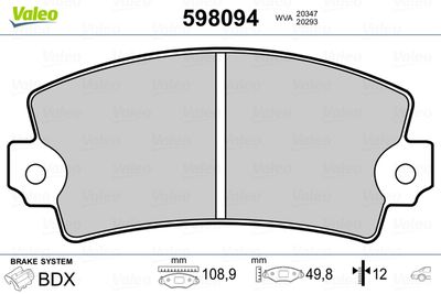 Комплект тормозных колодок, дисковый тормоз VALEO 598094 для LANCIA BETA