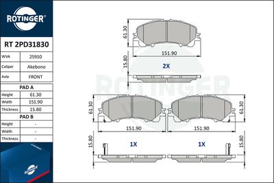 Zestaw klocków hamulcowych, hamulce tarczowe ROTINGER RT 2PD31830