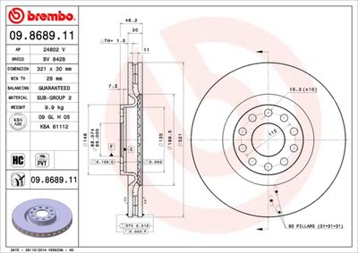 Тормозной диск BREMBO 09.8689.11 для AUDI ALLROAD