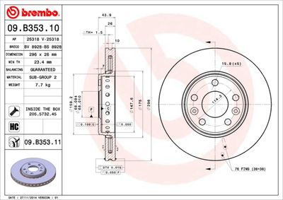 Тормозной диск BREMBO 09.B353.11 для RENAULT GRAND SCENIC