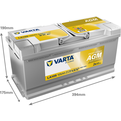 Batterij VARTA 12V 105Ah (EN) PROFESSIONAL DUAL PURPOSE AGM R+ Standaard terminal 394x175x190mm, B13 - montageflens 10,5 mm agm/tweeledig doel