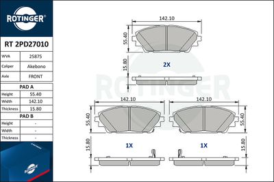 комплект спирачно феродо, дискови спирачки ROTINGER RT 2PD27010