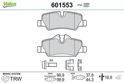 комплект спирачно феродо, дискови спирачки VALEO 601553
