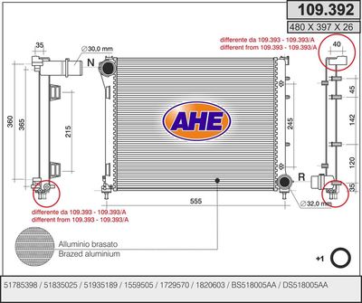 Радиатор, охлаждение двигателя AHE 109.392 для FIAT 500