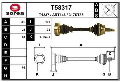EAI T58317 Полуось в сборе  для ALFA ROMEO 155 (167_) 2.5 TD (167.A1A, 167.A1G)