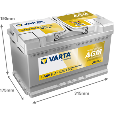 Batterij VARTA 12V 80Ah (EN) PROFESSIONAL DUAL PURPOSE AGM R+ Standaard terminal 315x175x190mm, B13 - montageflens 10,5 mm