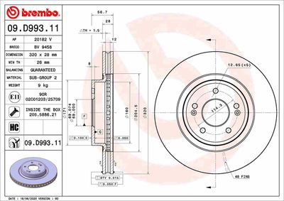 Тормозной диск BREMBO 09.D993.11 для KIA STINGER