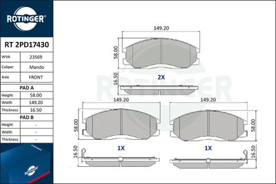 Zestaw klocków hamulcowych, hamulce tarczowe ROTINGER RT 2PD17430